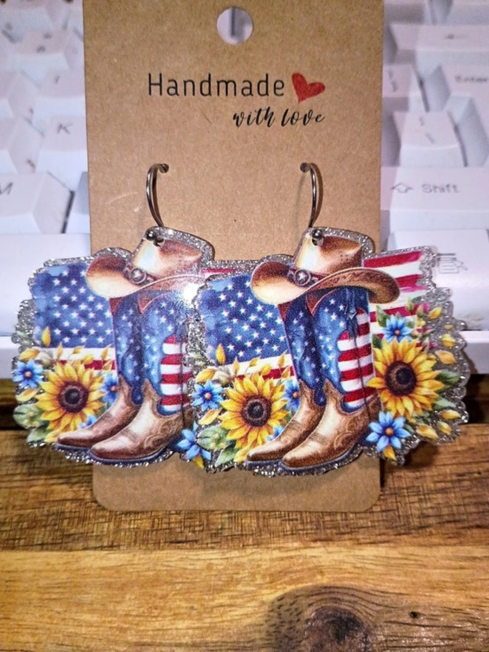 Country Western Cowboy Boot American Flag Sunflower Floral Earrings
